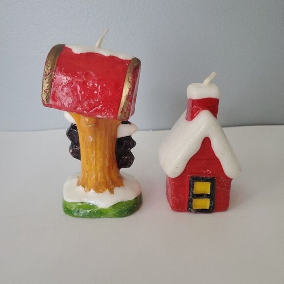 Vintage Set of 2 Christmas Wax Candles Snowy Holiday House & Mail Box Home Decor - Picture 2 of 4